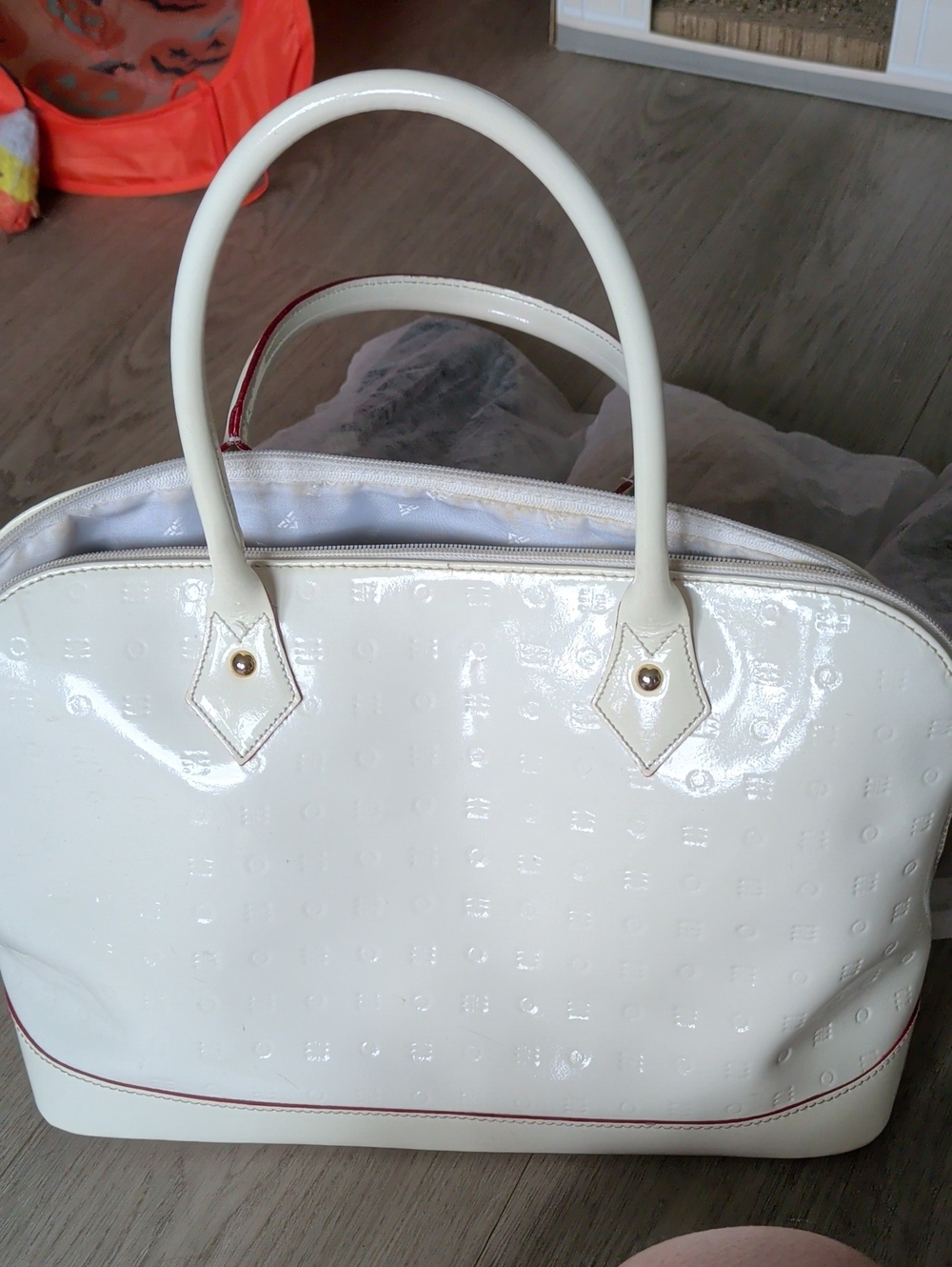Arcadia White Patent Shoulder Bag with Subtle Monogram